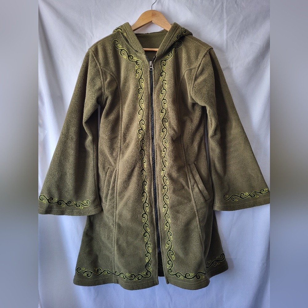 Olive Green Embroidered Hooded Fleece Coat